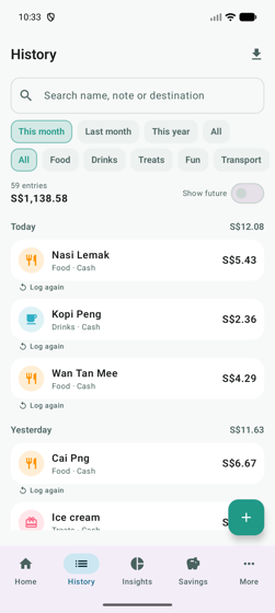 History: every entry grouped by day with a running daily total, searchable and filterable.
