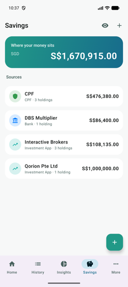Savings: bank, investment and CPF balances gathered into one figure.